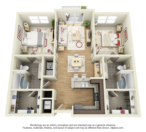 Floor plan for 2 beds, 2 baths, 1131 sqft